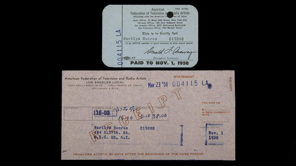 Marilyn Monroe’s AFTRA card and a receipt for dues - Credit: Julien's Auctions