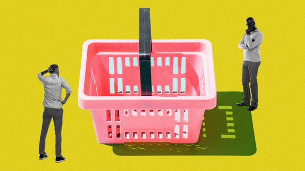 "I have watched guys at checkout just refund a dozen items they couldn’t find instead of talking to a customer about possible replacements," one male Instacart shopper said of his peers. <span class="copyright">Illustration:Jianan Liu/HuffPost;Photo:Getty Images</span>