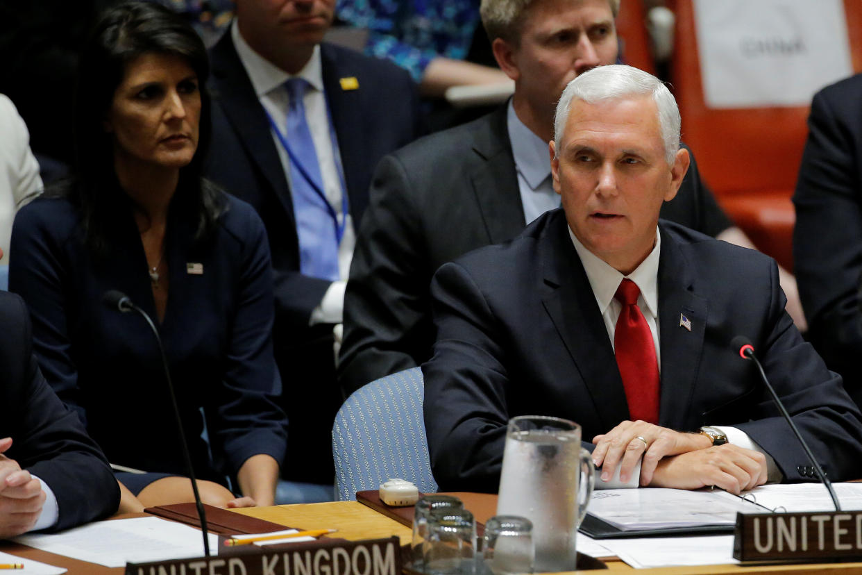 Vice President Mike Pence at a meeting of the Security Council on Wednesday. (Photo: Lucas Jackson/Reuters)