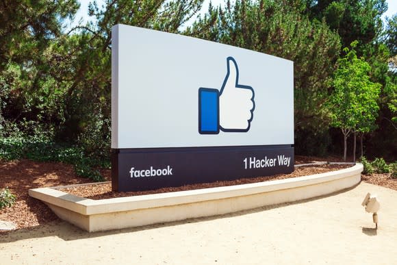 The Facebook thumbs-up on the company's address sign at its corporate headquarters.