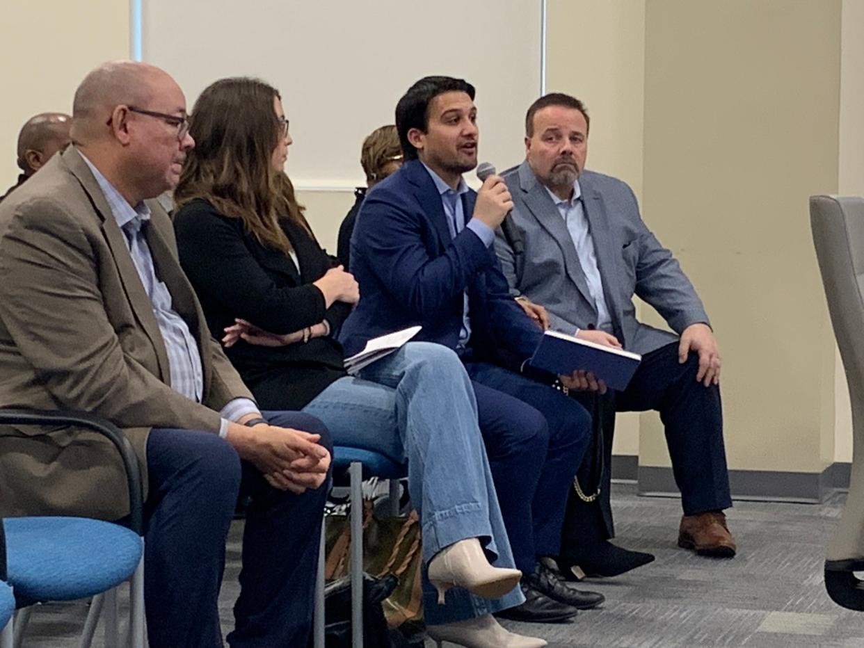 Akron Mayor Shammas Malik talks to the Akron board of education about implementing a universal pre-K program in the city.