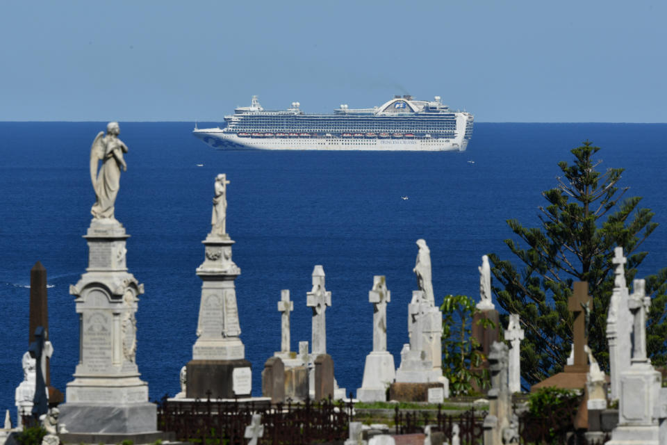 Pictured is the Ruby Princess cruise ship floating along the NSW coastline. 