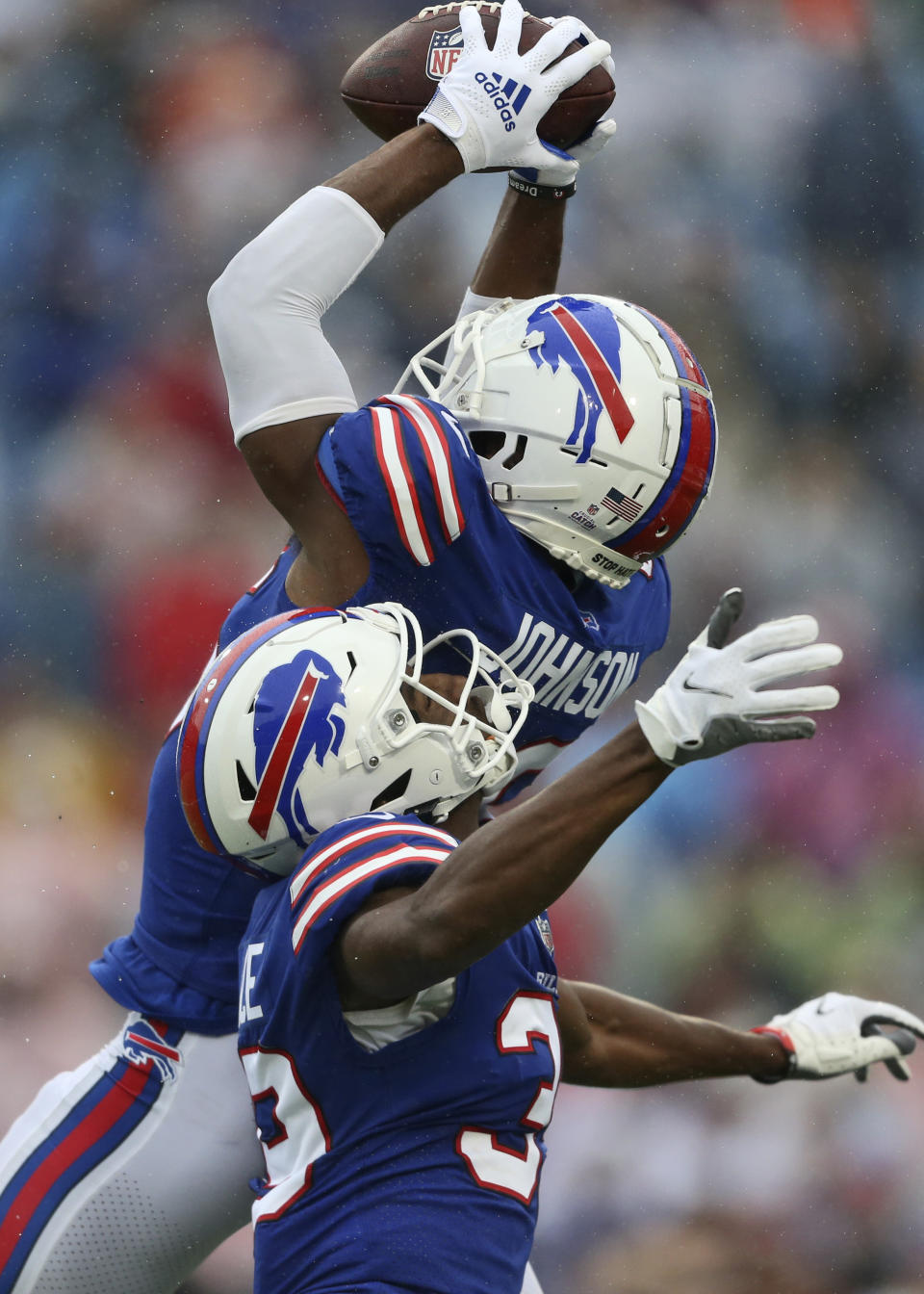 Buffalo Bills defensive back Jaquan Johnson intercepts a pass during the second half of an NFL football game against the Houston Texans, Sunday, Oct. 3, 2021, in Orchard Park, N.Y. (AP Photo/Joshua Bessex)