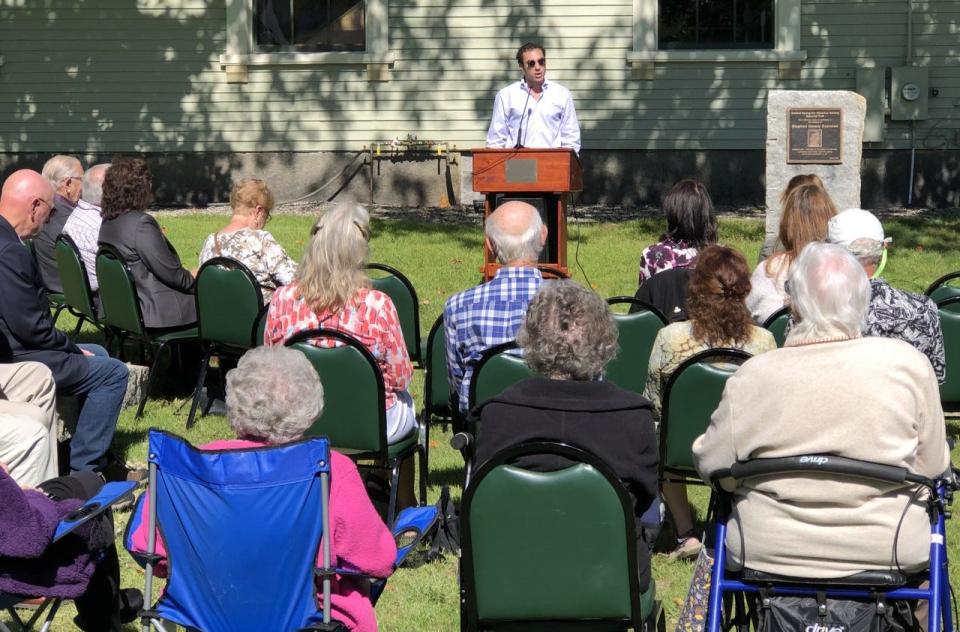 Jake Eastman shares memories of his uncle, the late Stephen Eastman, during the dedication of the new park at the Sanford-Springvale Historical Museum on Saturday, Sept. 17, 2022.