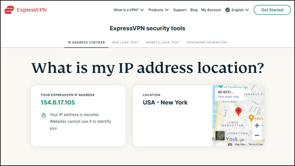 Screenshot of ExpressVPN's What Is My IP Web Page