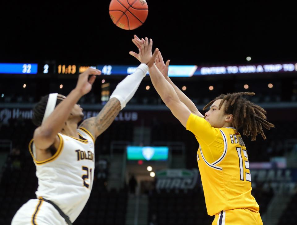 Kent State guard Jalen Sullinger, shooting a jumper in the MAC quarterfinals Thursday, hit five 3-pointers Friday in the semifinals.