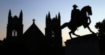 FILE - In a Wednesday July 19, 2017 file photo, a statue of Confederate General J.E.B. Stuart stands, on Monument Avenue in Richmond, Va. Virginia Gov. Ralph Northam is expected to announce plans Thursday, June 4, 2020 for the removal of the iconic statue of Confederate Gen. Robert E. Lee from Richmond's prominent Monument Avenue. Richmond Mayor Levar Stoney proposes taking down all the Confederate Monuments. (AP Photo/Steve Helber)