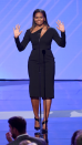 <p> After leaving the White House, there was a notable shift in Obama's style. Her cooler approach to post-first lady dressing can be seen in the cut-out black long-sleeved midi-dress, designed by Cushnie et Ochs, that she wore on stage at the 2017 ESPYS in Los Angeles. She accessorised with glowy make-up and patent black heels. </p>