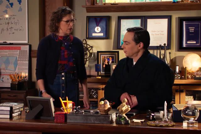 <p>CBS</p> Mayim Bialik and Jim Parsons in 'Young Sheldon's' series finale.