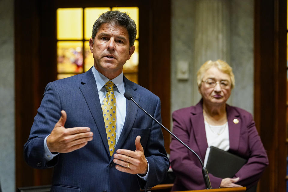 Senate President Pro Tem Rodric Bray, R-Martinsville, and State Sen. Sue Glick, R-LaGrange, outline proposed legislation on abortion and financial relief at the Statehouse in Indianapolis, Wednesday, July 20, 2022, that will be introducing in the upcoming special session. (AP Photo/Michael Conroy)