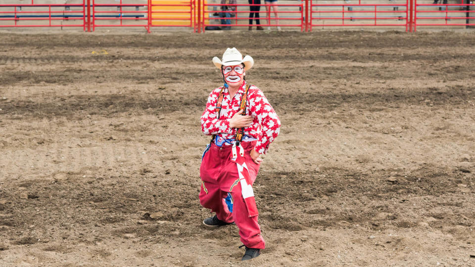 Williams Lake, British Columbia/Canada - July 1, 2016: a rodeo clown entertains the crowds during the 90th Williams Lake Stampede, one the the largest stampedes in North America.