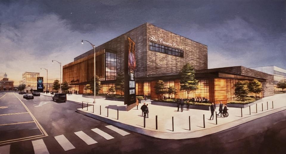 This rendering of the Crown Event Center is a redesign by EwingCole and shows the center from Russell and Gillespie streets in downtown Fayetteville, NC. Members of the Crown Event Center Committee objected to escalating costs for the center at a meeting on Jan. 23, 2024, and directed the team delivering the center to work within a tighter budget.