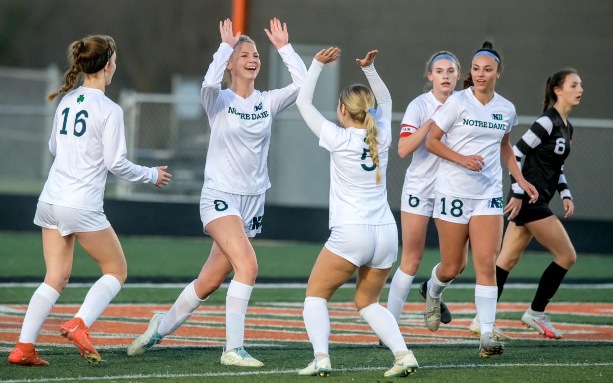 Peoria Notre Dame's Alli Stickelmaier, middle, and her Irish teammates celebrate her goal against Washington in the first period of their girls soccer match Tuesday, March 19, 2024 in Washington. The Irish defeated the Panthers 2-0.