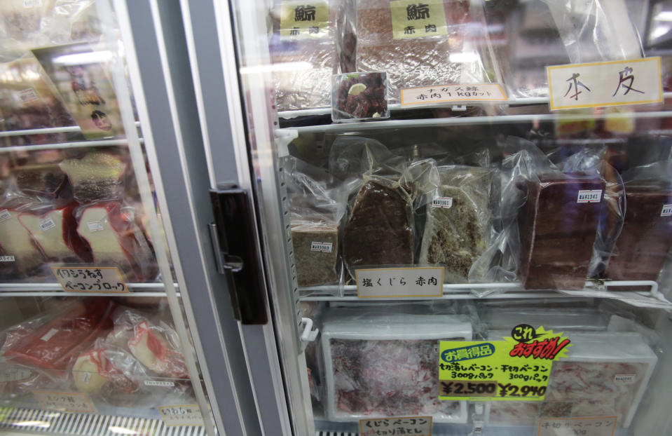 Packs of whale meat to be sold sit in a freezer at a whale meat specialty store at Tokyo's Ameyoko shopping district, Thursday, March 27, 2014. The greatest threat to Japan’s whaling industry may not be the environmentalists harassing its ships or the countries demanding its abolishment, but Japanese consumers. They’ve simply lost their appetite. The amount of whale meat stockpiled for lack of buyers has nearly doubled over 10 years, even as anti-whaling protests helped drive catches to record lows. More than 2,300 mink whales worth of meat is sitting in freezers while whalers still plan to catch another 1,300 whales per year. Uncertainty looms ahead of an International Court of Justice ruling expected Monday over a 2010 suit filed by Australia, which argues that Japan’s whaling - ostensibly for research - is a cover for commercial hunts. (AP Photo/Shizuo Kambayashi)