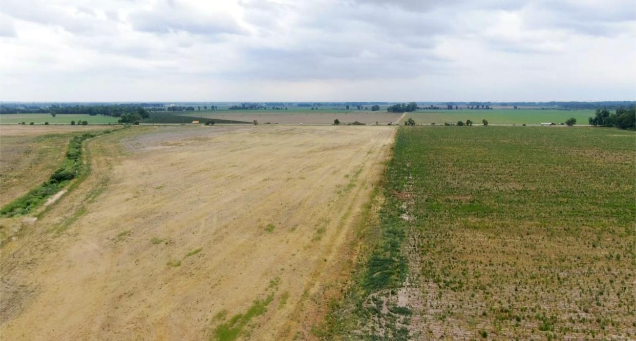 These tracts of land are the future site of the EV battery plant near New Carlisle being planned by GM/Samsung SDI, as seen from a drone image from WNDU-TV.