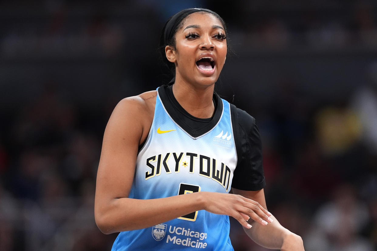 INDIANAPOLIS, INDIANA - JUNE 16: Angel Reese #5 of the Chicago Sky reacts during a game against the Indiana Fever at Gainbridge Fieldhouse on June 16, 2024 in Indianapolis, Indiana. NOTE TO USER: User expressly acknowledges and agrees that, by downloading and or using this photograph, User is consenting to the terms and conditions of the Getty Images License Agreement. (Photo by Emilee Chinn/Getty Images)
