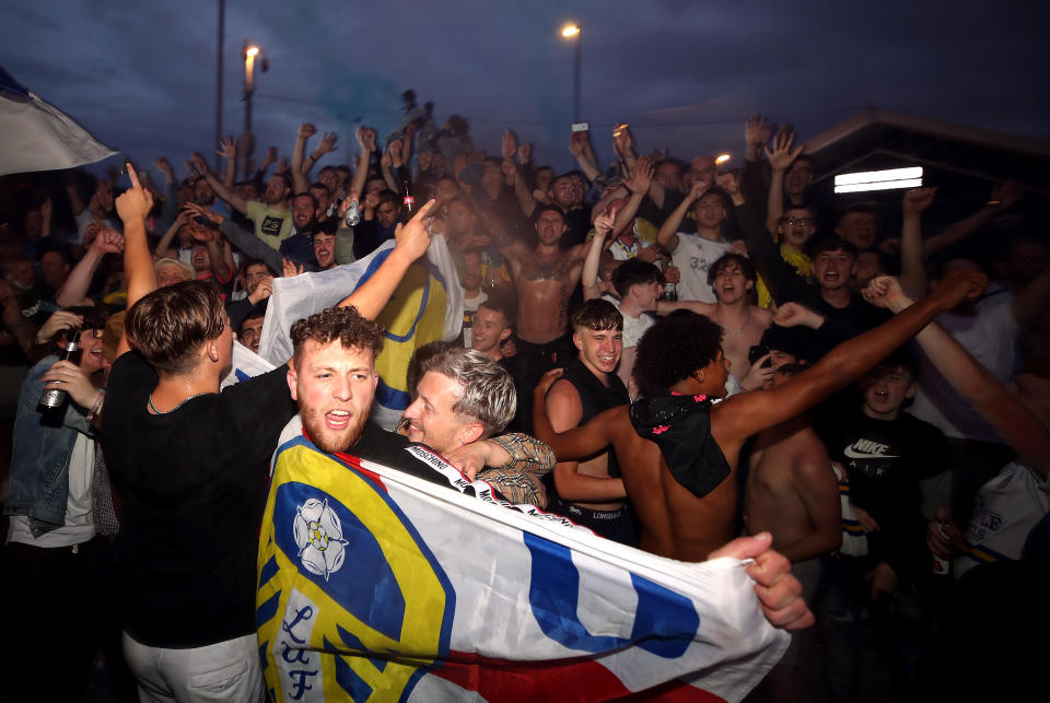 Leeds supporters partied outside Elland Road on Friday night after their club clinched promotion to the Premier League. (Photo by Nick Potts/PA Images via Getty Images)