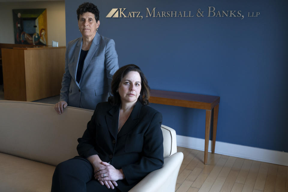 In this May 21, 2021, photo Washington based civil rights attorneys Debra Katz, left, and Lisa Banks, pose for a portrait at their law firm in Washington. For many people, the pandemic year has brought a pause of some kind, or at least a slowdown, to their professional endeavors. For Katz and Banks, the opposite has been true. “This is probably the biggest year we’ve ever had,” says Banks. Their work has been increasing for nearly four years. When the Harvey Weinstein revelations erupted in October 2017, launching the reckoning that became known as the #MeToo movement, it caused “a sea change," Katz says. (AP Photo/Jacquelyn Martin)