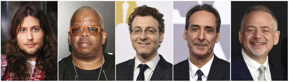 This combination photo shows composers, from left, Ludwig Goransson of "Black Panther," Terence Blanchard of "BlacKkKlansman," Nicholas Britell of "If Beale Street Could Talk," Alexandre Desplat of "Isle of Dogs," and Marc Shaiman of "Mary Poppins Returns," who were all nominated for an Oscar for best original score on Tuesday, Jan. 22. The 91st Academy Awards will be held on Feb. 24. (AP Photo)