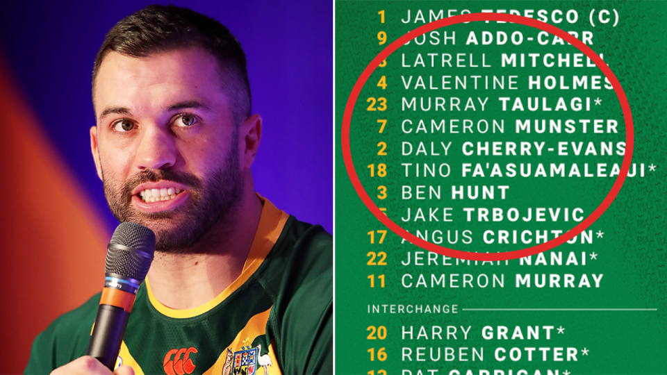 Kangaroos captain James Tedesco (pictured left) speaking at a media conference and (pictured right) kangaroos team sheet.