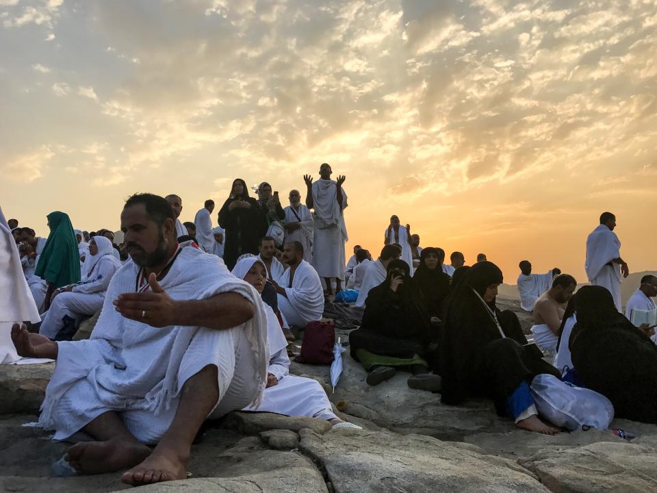 Pilgrims are seen as they pray on the Mount Arafat, also known as Jabal al-Rahmah (Mount of Mercy).