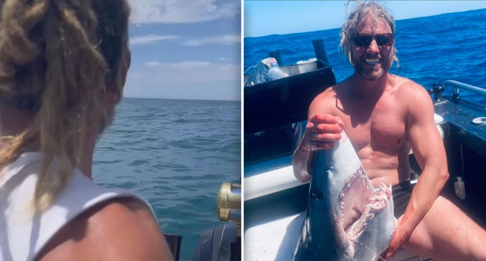 Left - the back of Mr Holwell's head as he looks for the shark. Right - Mr Holwell on another occasion holding a Mako shark.