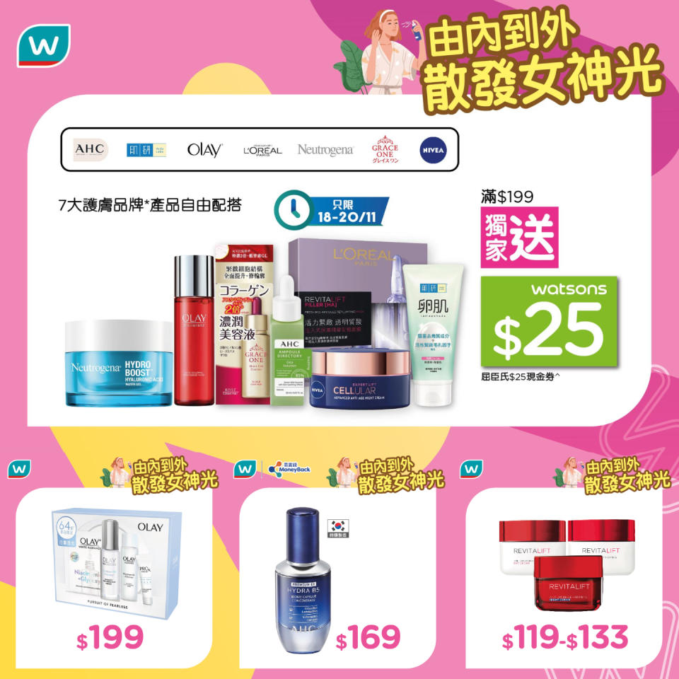 【屈臣氏】7大護膚品牌產品買滿$199 送$25現金券（18/11-20/11）