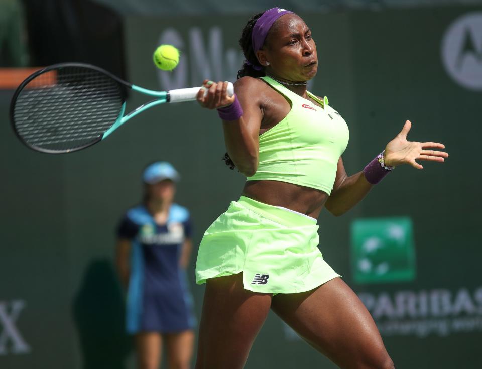 Coco Gauff hits a forehand during her win over Clara Burel during the BNP Paribas Open in Indian Wells, Calif., March 9, 2024.