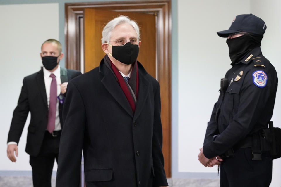 Judge Merrick Garland, President Joe Biden's pick to be attorney general, arrives on Capitol Hill for his confirmation hearing,, Monday, Feb. 22, 202, in Washington. (AP Photo/J. Scott Applewhite)