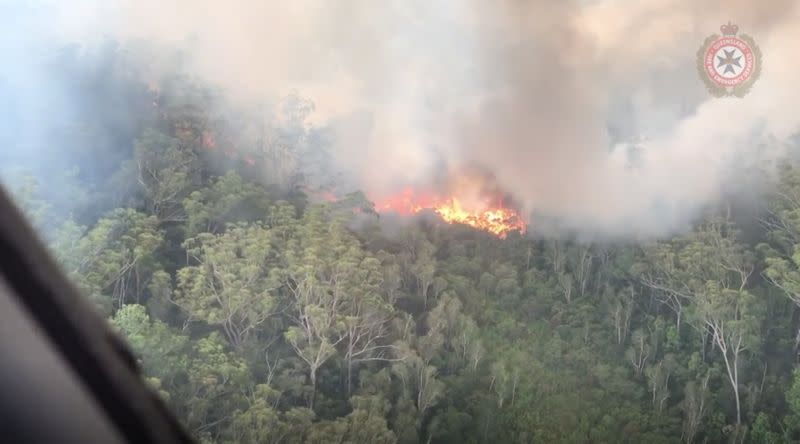 An aerial view shows bushfires on Fraser Island