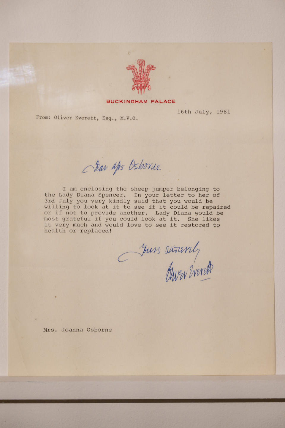 LONDON, UNITED KINGDOM - July 17:  
A private letter from Oliver Everett, the late Princess Dianaâs press secretary Mrs Joanna Osborne regarding the black sheep jumper is on display at Sothebyâs auction house with a sale estimate of Â£40,000-70,000 ($50,000-80,000) in London, United Kingdom on July 17, 2023. (Photo by Ray Tang/Anadolu Agency via Getty Images)