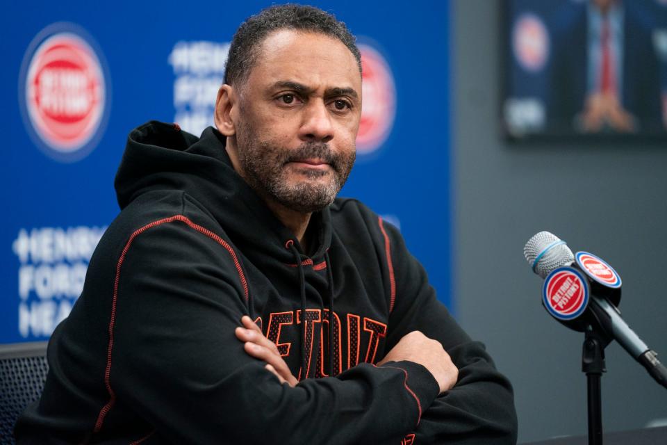 Detroit Pistons general manager Troy Weaver holds a news conference a day after the trade deadline at the Pistons Performance Center on Friday, Feb. 9, 2024.