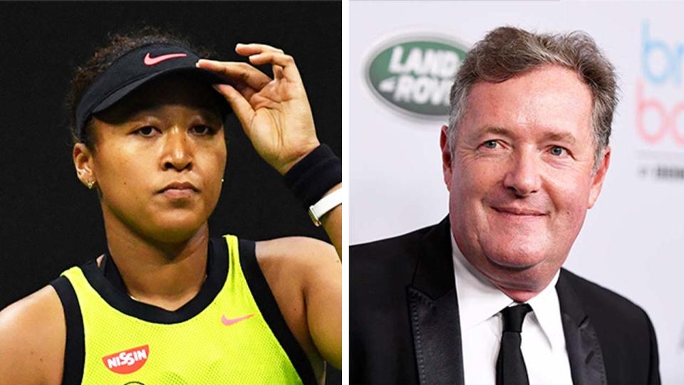 Piers Morgan (pictured right) during a media opportunity and  Naomi Osaka (pictured left) during her US Open loss.