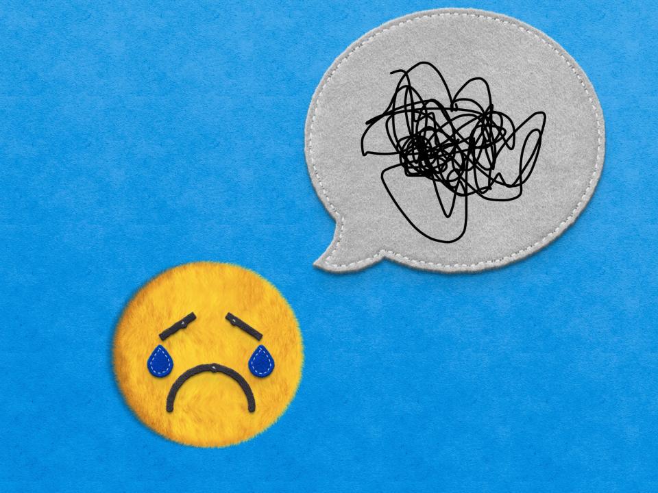 Sad emoji face with bubble speech with problems