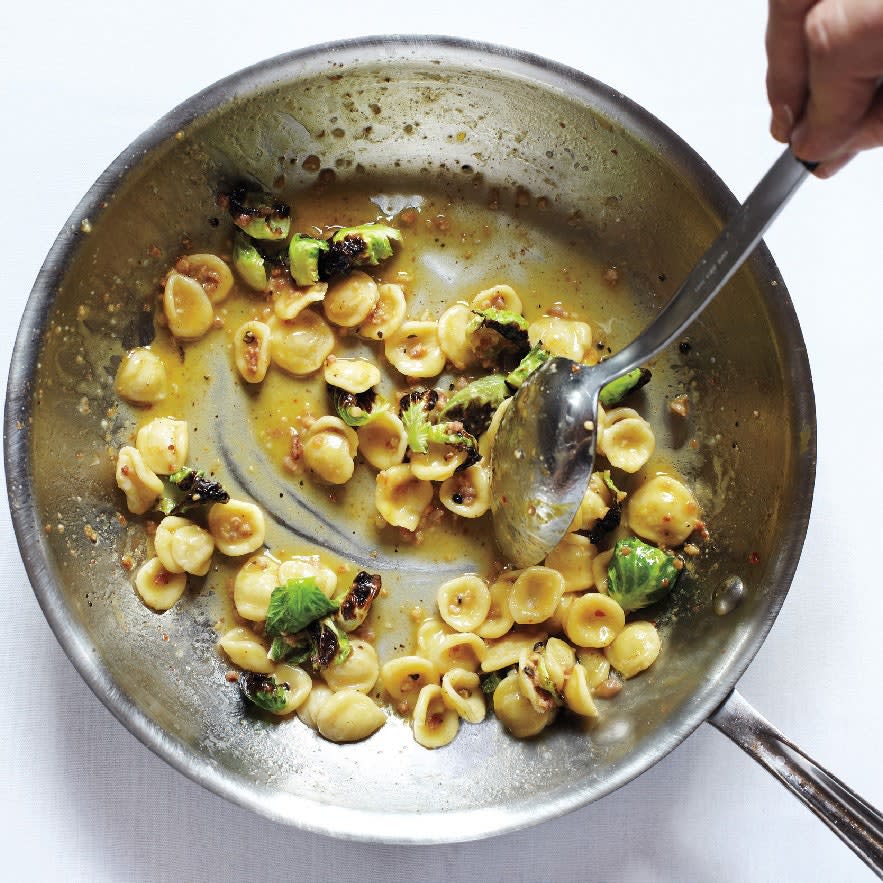 Orecchiette Carbonara with Charred Brussels Sprouts