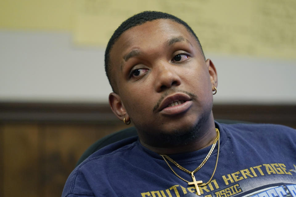 Austin Crudup, 23, with Mississippi Votes, speaks about elections, race and voter fatigue during a roundtable discussion with other youth community activists, on Oct. 25, 2023, in Jackson, Miss. (AP Photo/Rogelio V. Solis)