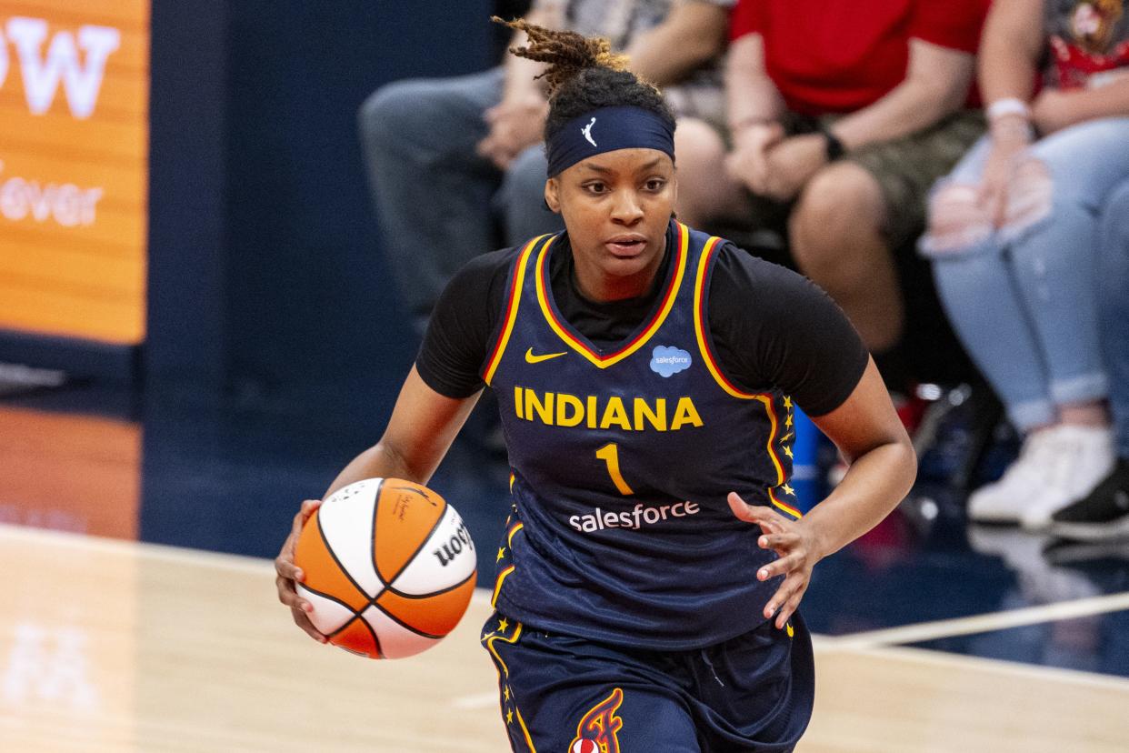Indiana Fever forward NaLyssa Smith (1) brings the ball up court during the second half of an WNBA basketball game against the Chicago Sky, Sunday, July 2, 2023, at Gainbridge Fieldhouse in Indianapolis.