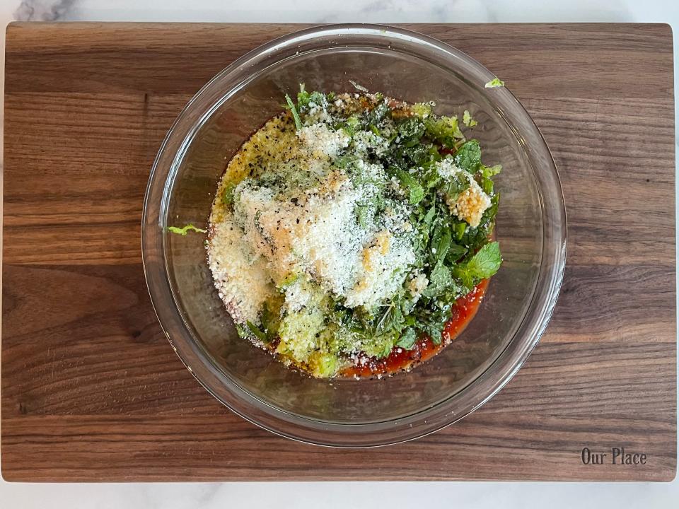 Stuffed-pepper ingredients in a bowl.