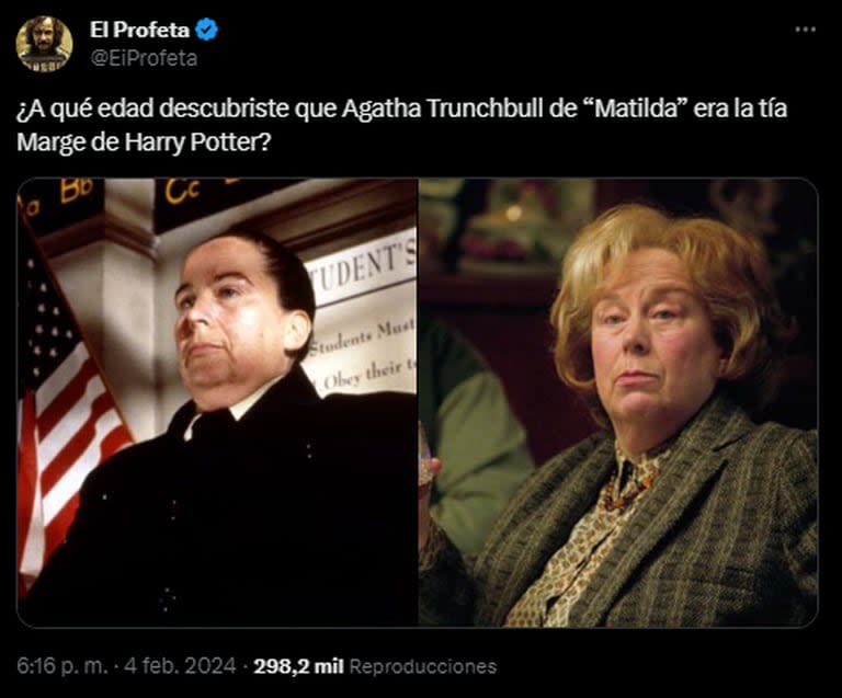 Agatha Tronchatoro de Matilda y la tía Marge de Harry Potter fueron interpretadas por la actriz Pam Ferris (Foto: X @EiProfeta)