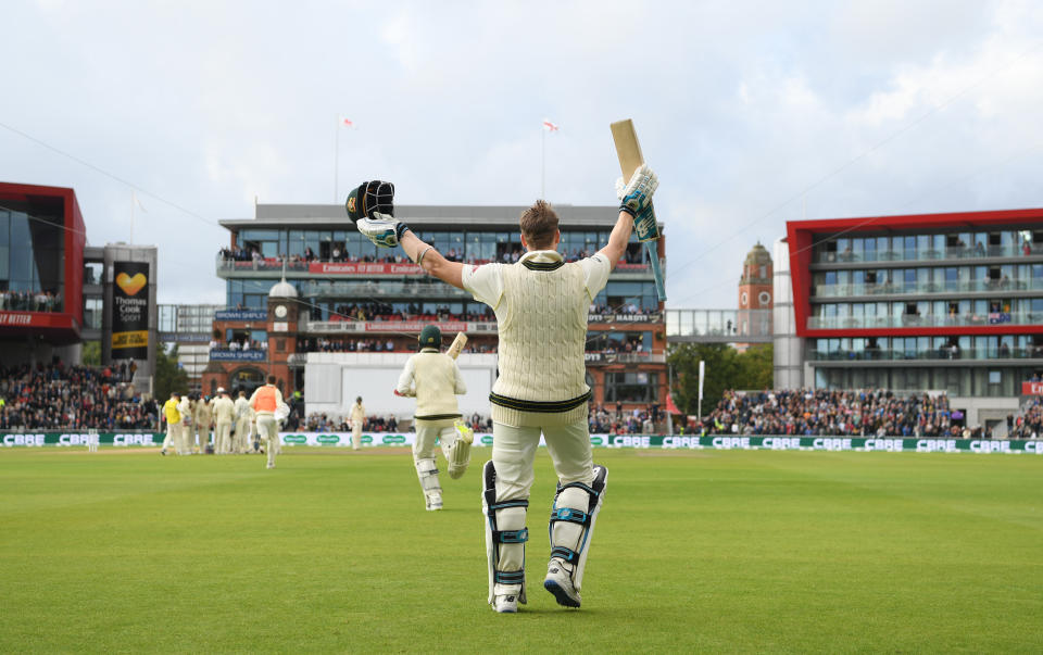 MANCHESTER, ENGLAND - SEPTEMBER 05: Australia batsman Steve Smith acknowledges the applause whilst leaving the field after being dismissed for 211 runs during day two of the 4th Ashes Test Match between England and Australia at Old Trafford on September 05, 2019 in Manchester, England. (Photo by Stu Forster/Getty Images)