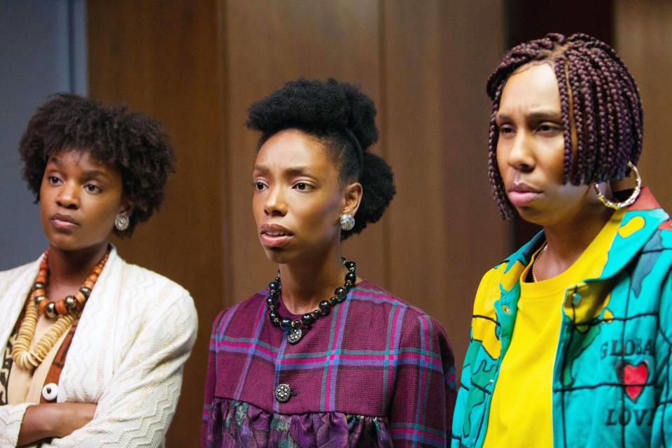 Yaani King Mondschein, Elle Lorraine, and Lena Waithe in '80s clothing