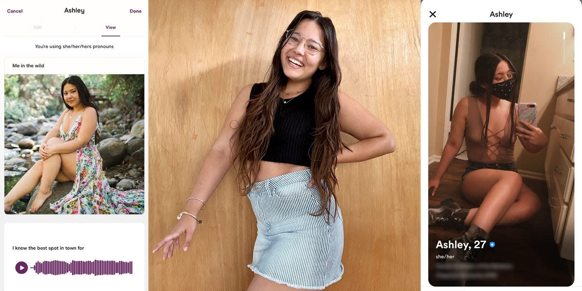 Screenshots of two dating app profiles with Ashley posing in the middling wearing a black shirt and jean skirt