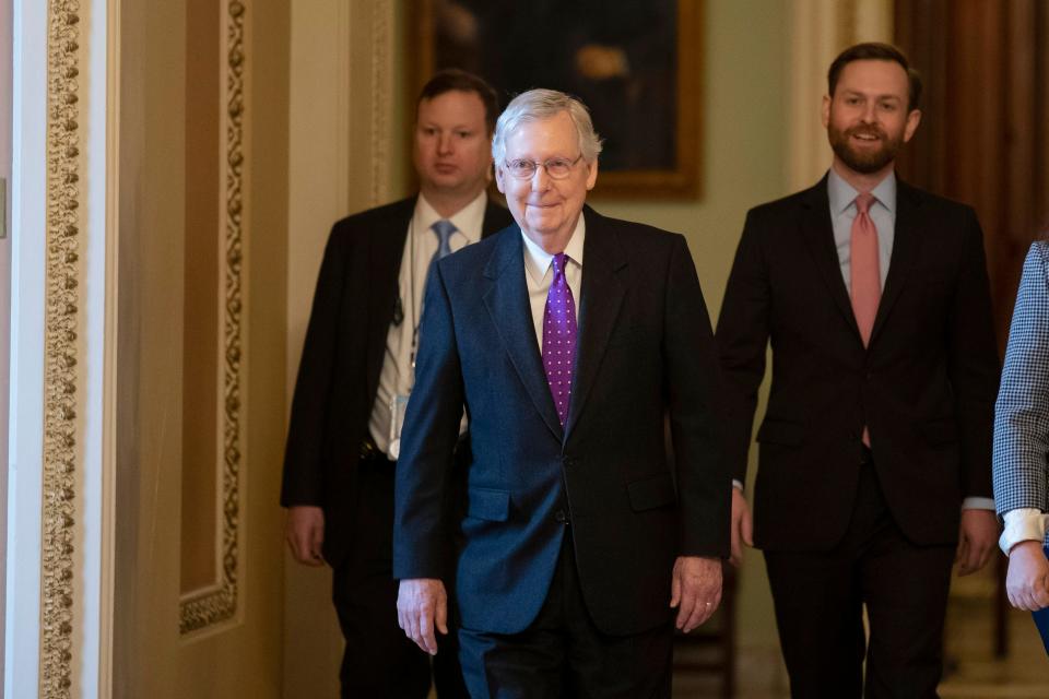 Senate Majority Leader Mitch McConnell, R-Ky., walks from the Senate Floor in the U.S. Capitol on Tuesday.