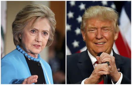 A combination photo shows Democratic presidential candidate Hillary Clinton (L) and Republican presidential candidate Donald Trump (R) in Los Angeles, California on May 5, 2016 and in Eugene, Oregon, U.S. on May 6, 2016 respectively. REUTERS/Lucy Nicholson (L) and Jim Urquhart/File Photos