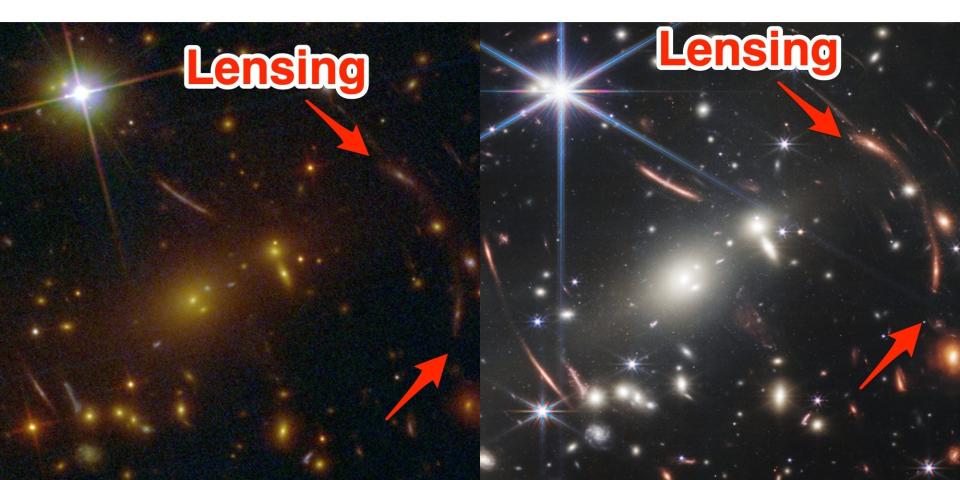 Side by side pictures from the Hubble and JWST show gravitational lensing.