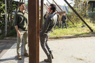 <p>Austin Amelio as Dwight, Norman Reedus as Daryl Dixon, Jeffrey Dean Morgan as Negan, Andrew Lincoln as Rick Grimes (Credit: Gene Page/AMC) </p>