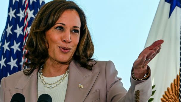 PHOTO: Vice President Kamala Harris delivers remarks at the National Oceanic and Atmospheric Association Coastal Resilience Funding Annoucement event at the University of Miami, April 21, 2023, in Miami. (Giorgio Viera/AFP via Getty Images)