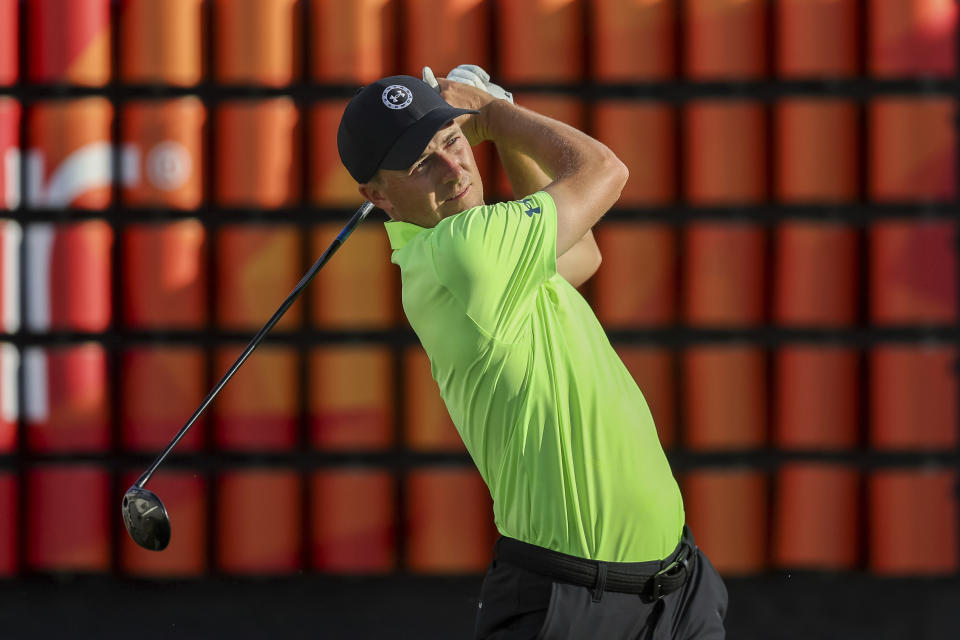 Jordan Spieth watches his tee shot on the 18th hole during the second round of the Valspar Championship golf tournament Friday, March 17, 2023, at Innisbrook in Palm Harbor, Fla. (AP Photo/Mike Carlson)