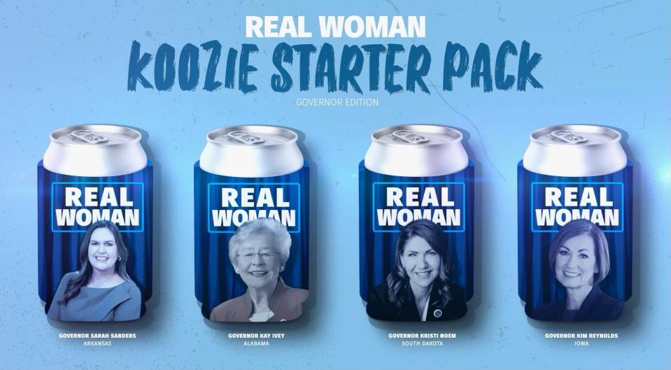 Iowa Gov. Kim Reynolds promoted the Real Women Koozie Starter Pack (governors edition) to combat "woke" corporations, a dig at Bud Light's recent campaign featuring a transgender spokesperson.