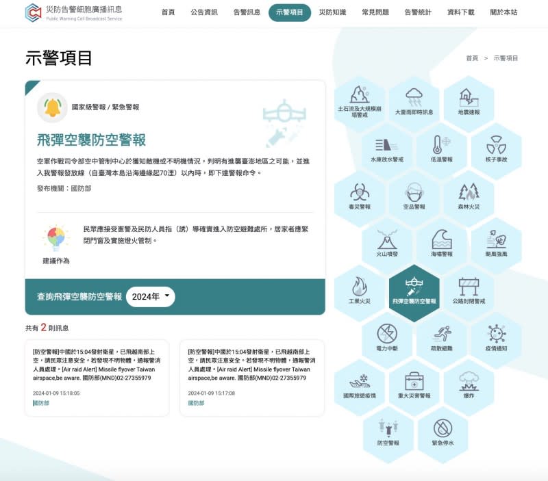<cite>災防告警細胞廣播訊息的23種國家級警報—1月9日發布的屬於「飛彈空襲防空警報」，但國防部也承認英文「missile」純粹是誤植。（翻攝官網）</cite>